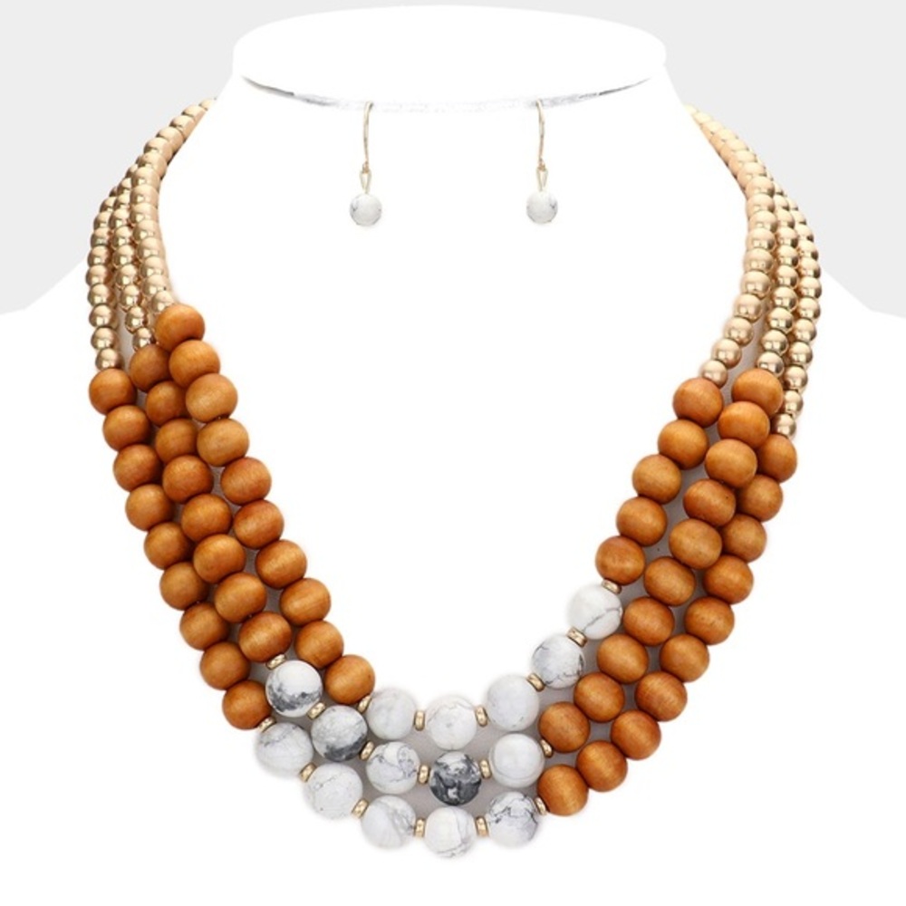 Wood beaded triple layered necklace